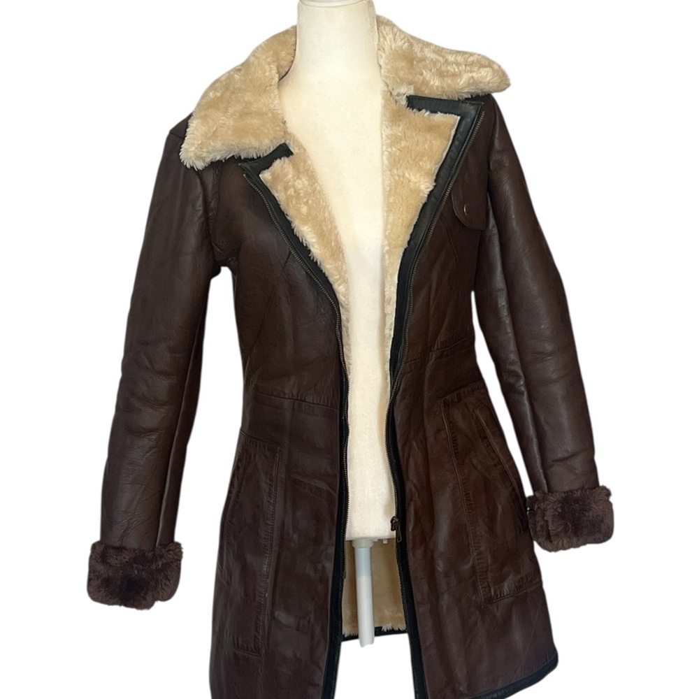 Brown Shearling-Trim Faux Leather Jacket with Cream Lining